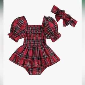 Red Plaid Baby Romper with Bow